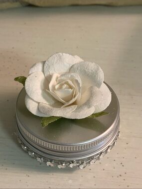 HANDMADE White Floral Metal Trinket Tin Lid Decor with Rhinestone Trim